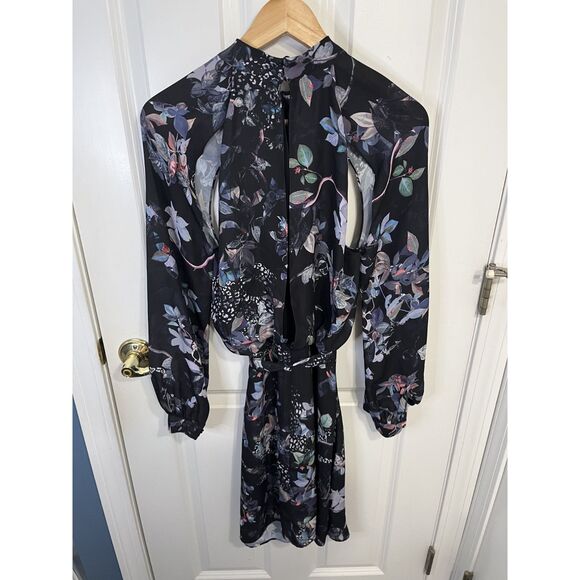 REISS Saturn Black Leaf Floral Printed Mini Dress Size US 4 - NWOT - Picture 3 of 7